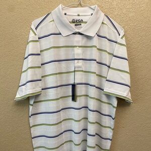 PGA Tour White Polo with Blue and Green Stripes
